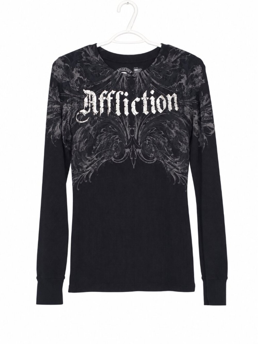 AFFLICTION Y2K Grunge Rocker Chic Black Ribbed Graphic Long Sleeve Tee Size M